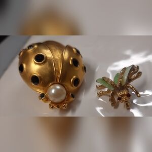 Gold and Black Ladybug Brooch with Pearl Accent